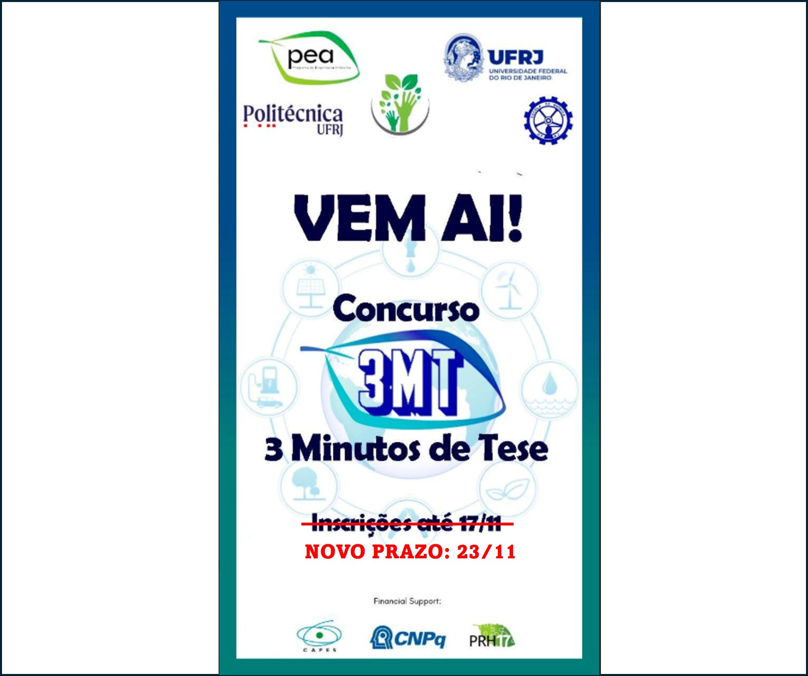 Foto - Prorrogado o envio de resumos expandidos para o concurso 3MT do VII Workshop de Engenharia Ambiental do PEA/UFRJ